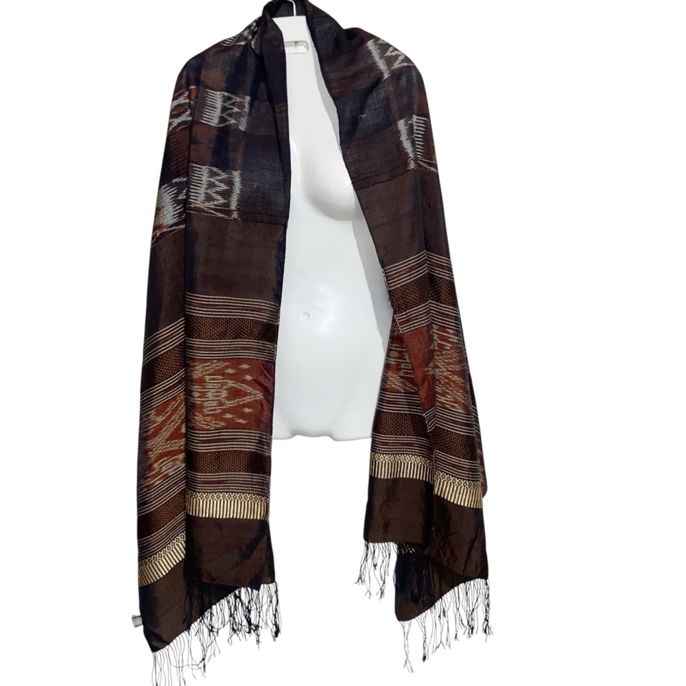 Silk and Cotton Scarf Wrap Boho Aztec Tribal Artsy Brown Print 27” x 80"